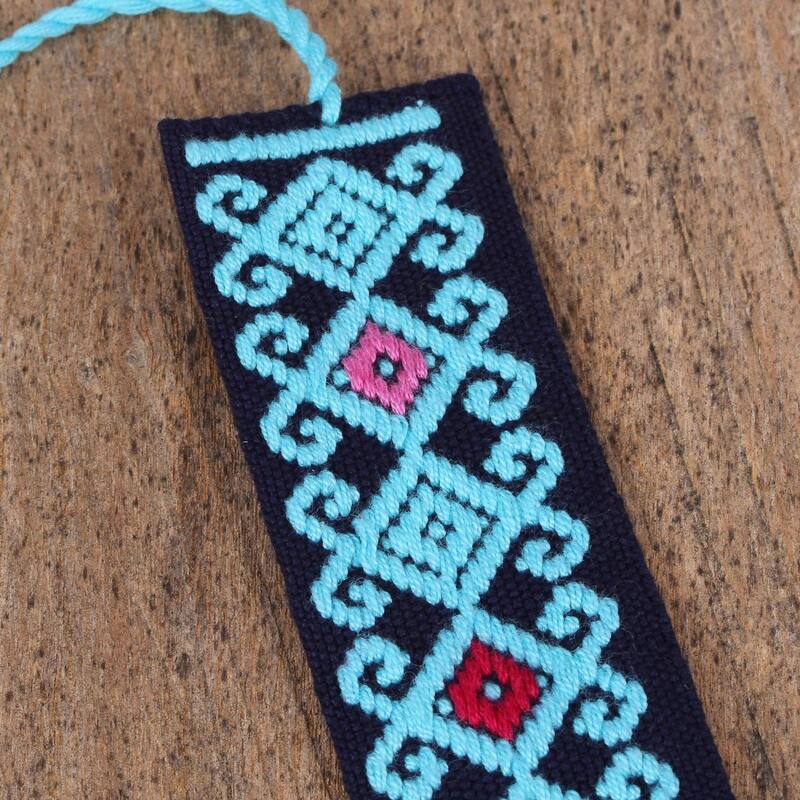 Handmade Scrolling Diamonds In Blue Cotton Bookmark (Mexico) - 7.75" L x 1.2" W