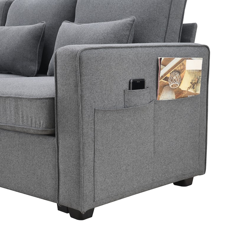 104" 4-Seater Linen Fabric Sofa with Armrest Pockets and 4 Pillows,Minimalist Style Couch for Living Room, Apartment, Office