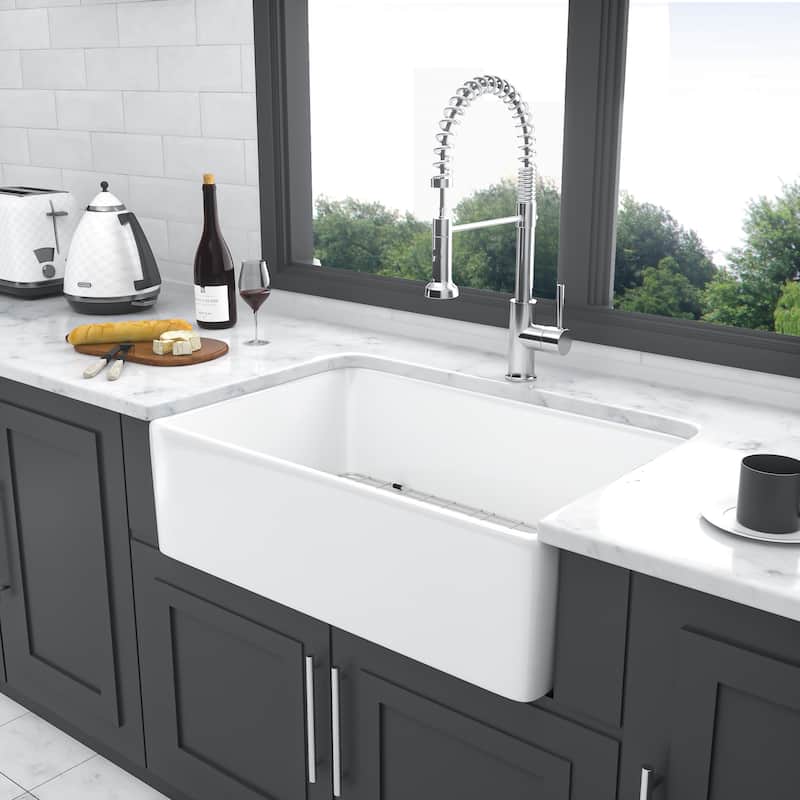 30'' White Farmhouse Single Bowl Ceramic Kitchen Sink - 30'' x 20'' x 10''