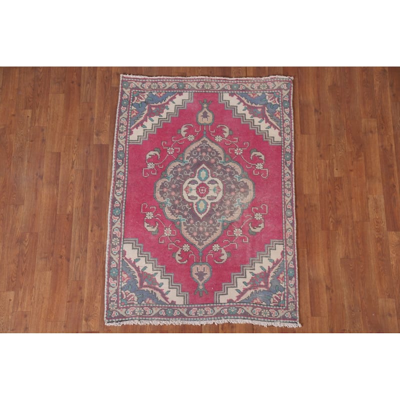 Hand Knotted Oriental 100% Wool Carpet Traditional Medallion Pink Tabriz Area Rug - 4' 6'' X 3' 2''