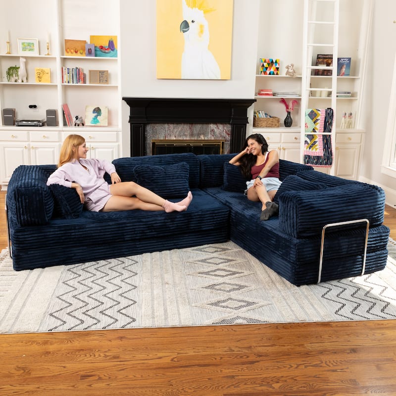 Jaxx Unsofa Modular Convertible Sectional Sofa with Fold Out King Sleeper Bed - L-Shaped Sectional. - Faux Fur Midnight Blue