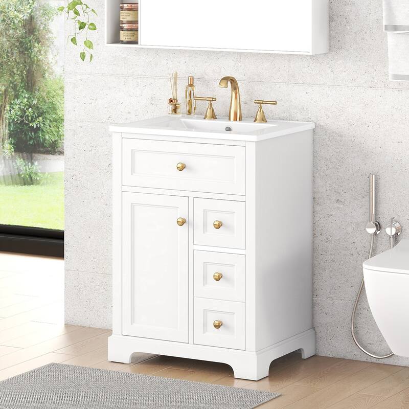 Roomfitters 24" Bathroom Vanity with Sink, Solid Pinewood Frame, 3 Drawers & Cabinet with 2-Tier Door Rack