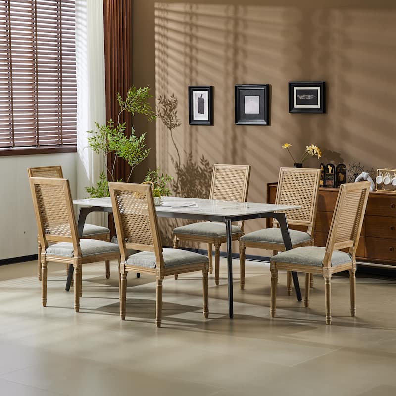 [Set of 6] French Country Dining Chairs-0Elegant Cane Backrest & Upholstered Seats with Fluted Legs- Solid Rubberwood Frame