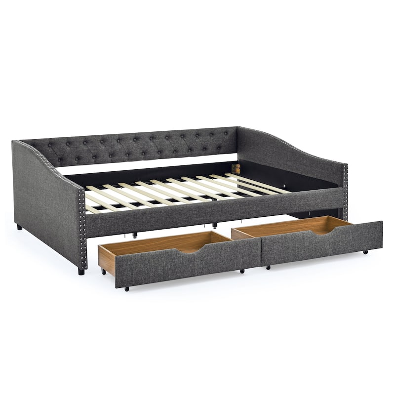 Queen Size Daybed With Drawers Upholstered Tufted Sofa Bed