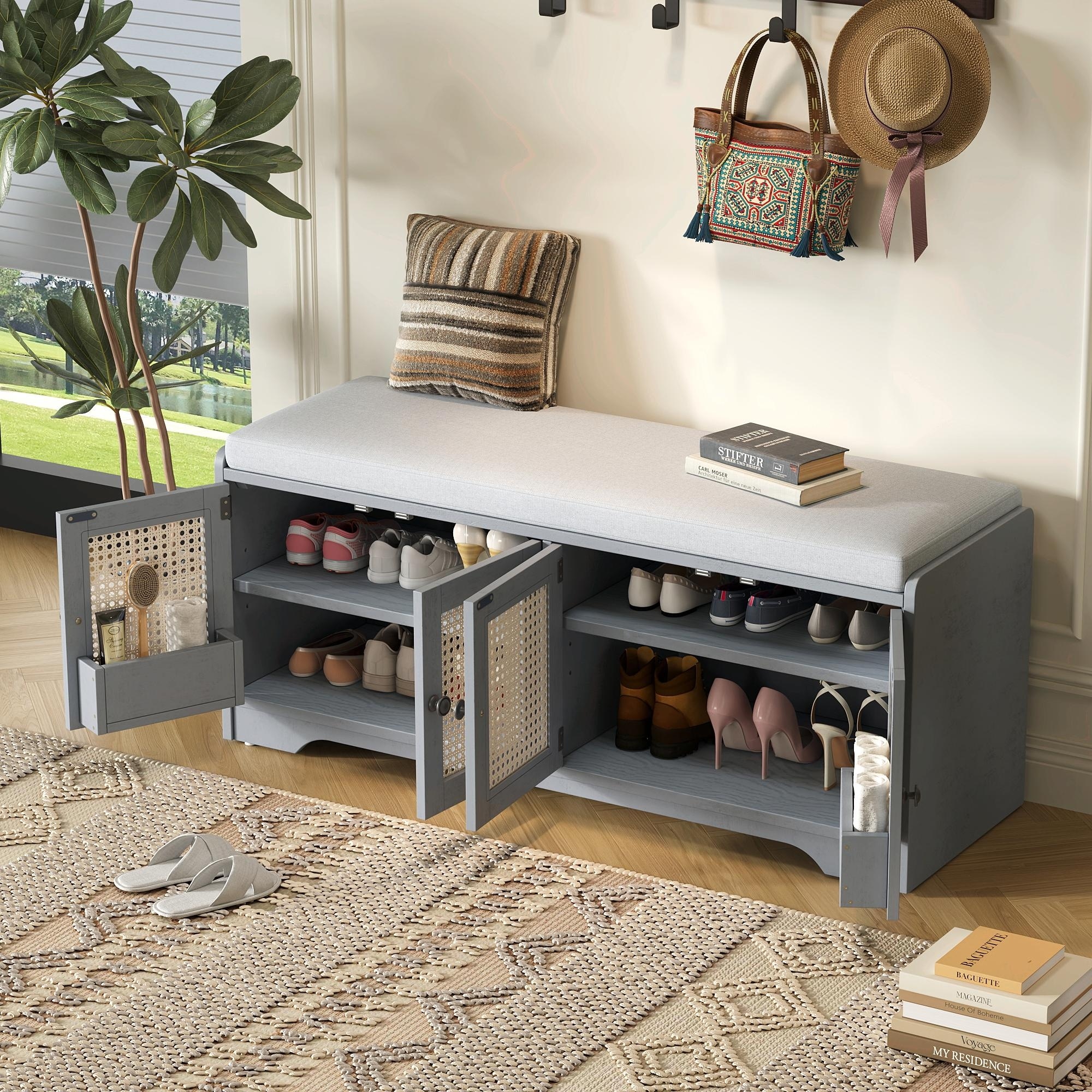 Rustic Storage Bench with Removable Cushion, Woven Rattan Doors & Adjustable Shelves