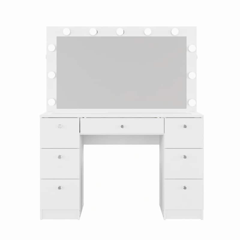 Boahaus Vanity Desk Glass Top with 7 Drawers & Lights Crystal knobs