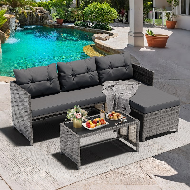 3-Piece Outdoor Wicker Sectional Sofa Set, Patio Furniture with Chaise Lounge & Coffee Table - N/A - Grey