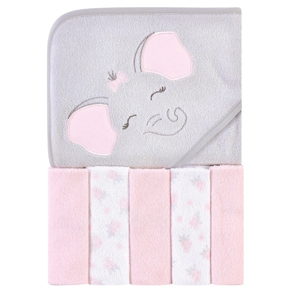 slide 1 of 1, Hudson Baby Infant Girl Hooded Towel and Five Washcloths, Pink Elephant, One Size - Pink Elephant - One Size Pink Elephant