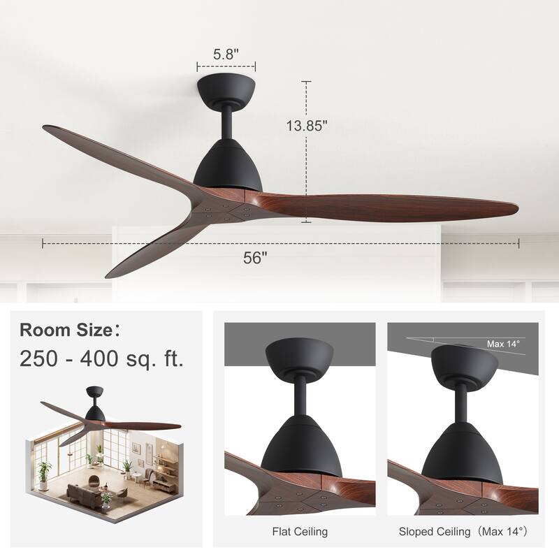 56" Wood Grain ABS 3-Blade Ceiling Fan No Light with Remote