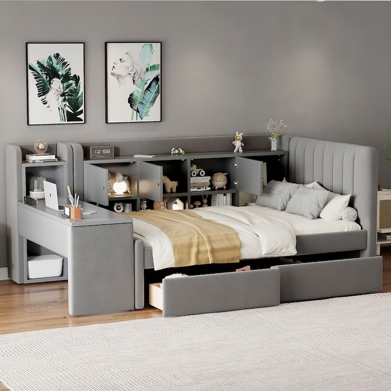 Twin Size Upholstered Daybed with Built In Desk, Velvet Fabric Storage Sofa Bed Frame with 2 Drawers, Shelves and Flip Cabinets