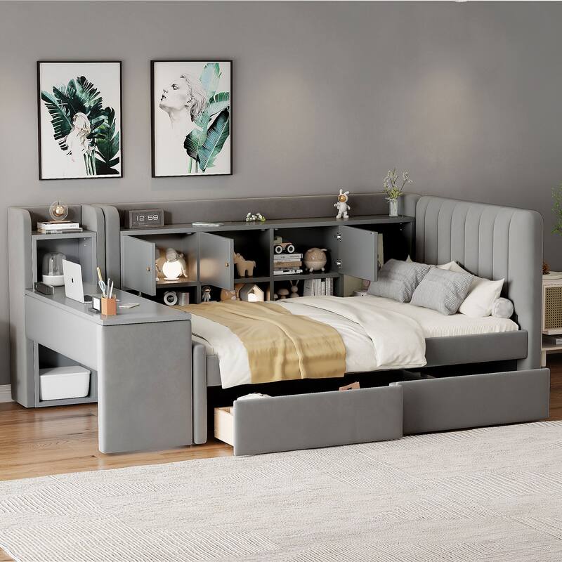 Twin Size Upholstered Daybed with Drawers, Shelves, Flip Cabinets & Side Table, Beige - Grey