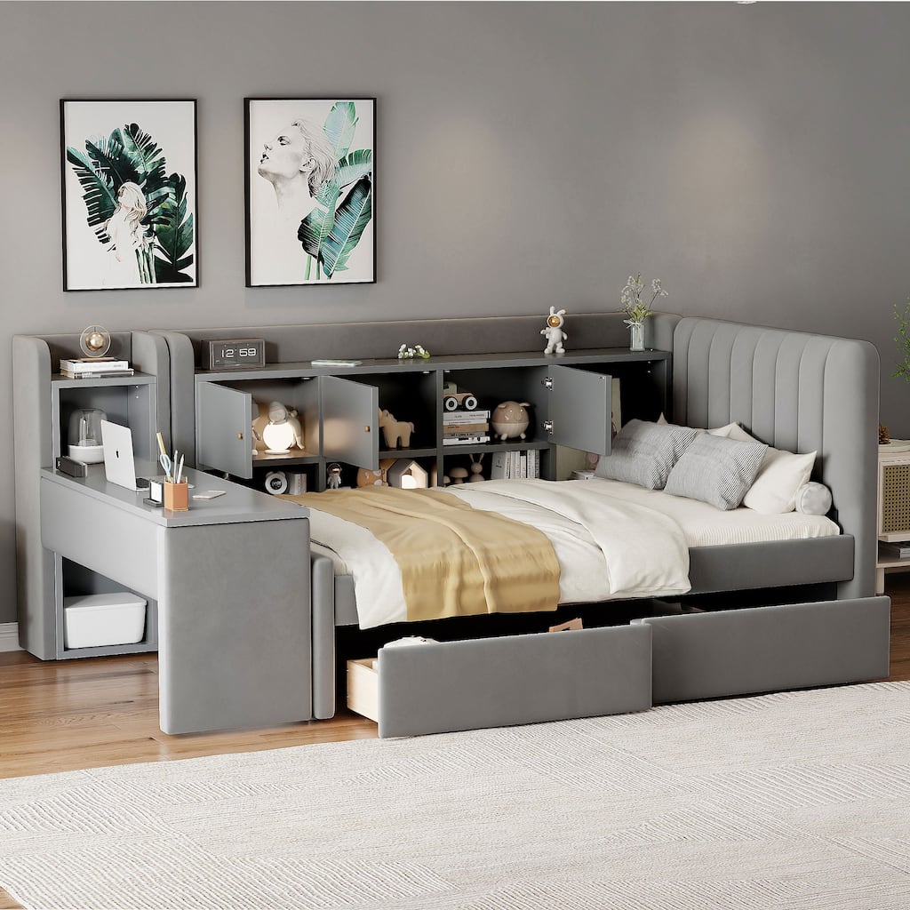 Twin Upholstered Daybed with Drawers, Shelves, Flip Cabinets & Side Table in Gray
