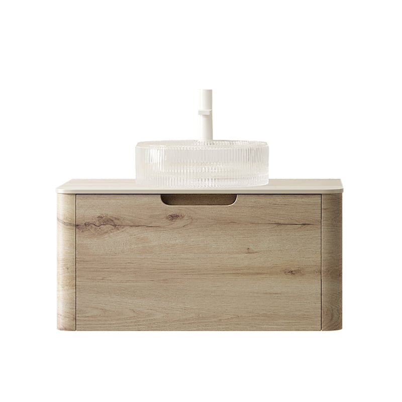 Floating Bathroom Vanity with Round Sink, Wall-Mounted Bathroom Storage Cabinet with Roma Travertine-Pattern Sintered Stone Top