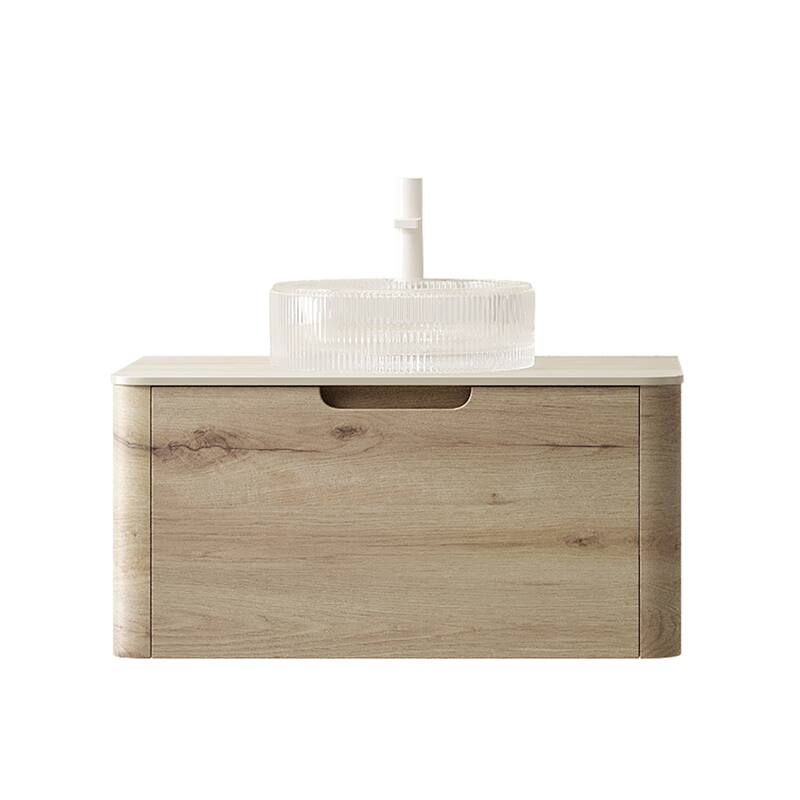 GDFStudio - Xai Floating Bathroom Vanity with Transparent Round Glass Basin, Roma Travertine-Pattern Sintered Stone Top