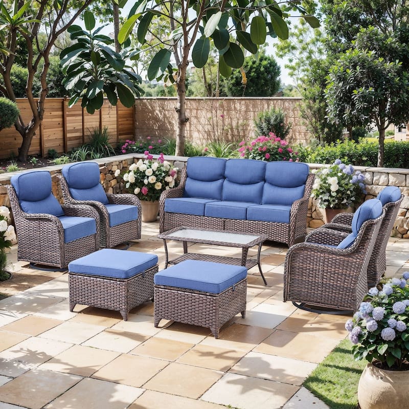 Outdoor Patio Sofa Swivel Chair with 6-Inch Thick Cushions Set - Brwon Wicker Blue Cushion - 8PCS Sofa Swivel Chair w/ Table Ottoman