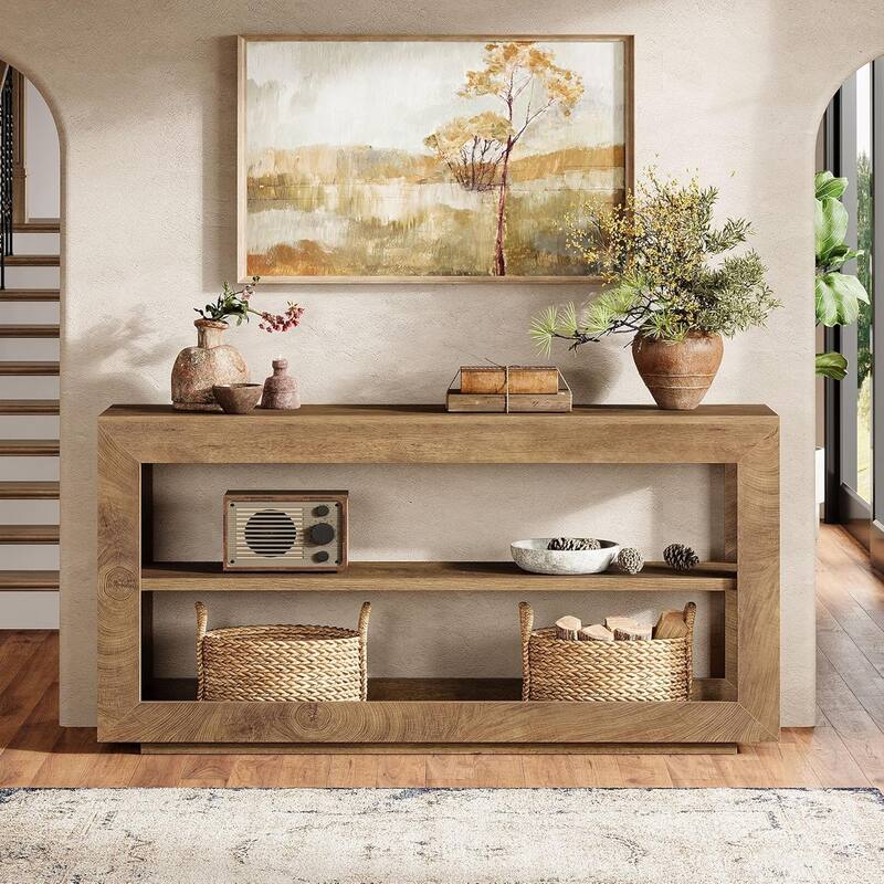 63" Farmhouse Wood Console Entryway Hallway Table with 3 Storage Shelf - 63" W x 13.8" D x 33.5" H