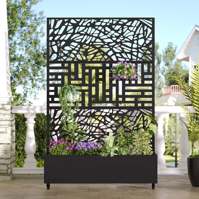 Metal Movable Planter Box with Trellis Privacy Screen Planter Box with Lockable Wheels - Black