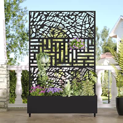 Metal Movable Planter Box with Trellis Privacy Screen Planter Box with Lockable Wheels