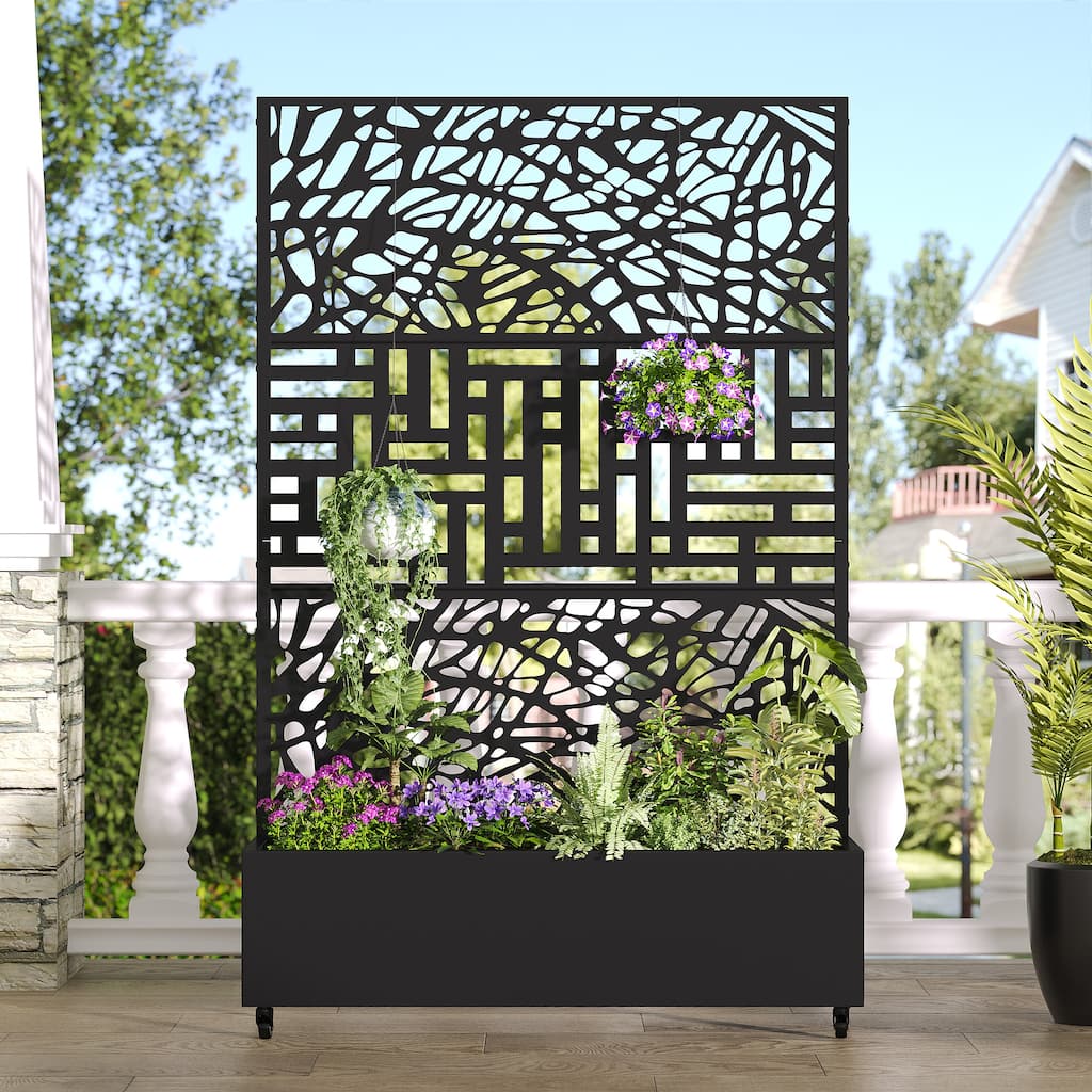 Metal Movable Planter Box with Trellis Privacy Screen Planter Box with Lockable Wheels