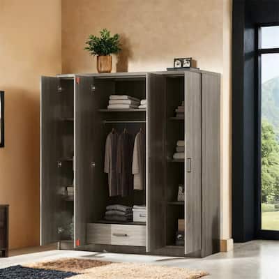4-Door Wardrobe with 1 Drawer,Armoires with Shelves and Hanging Rods