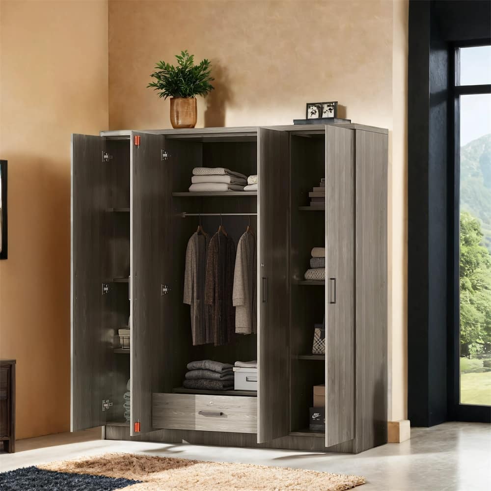 4-Door Wardrobe with 1 Drawer,Armoires with Shelves and Hanging Rods