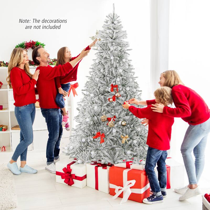 Gymax 6/7/8 FT Snow-flocked Artificial Christmas Tree w/51/65/81 - Green+White