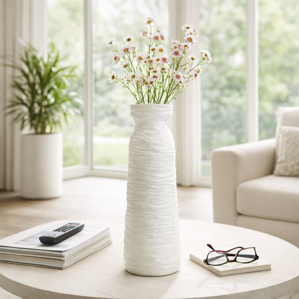 Decorative Vase - White Ceramic Horizontal Ribbed, 19 in.