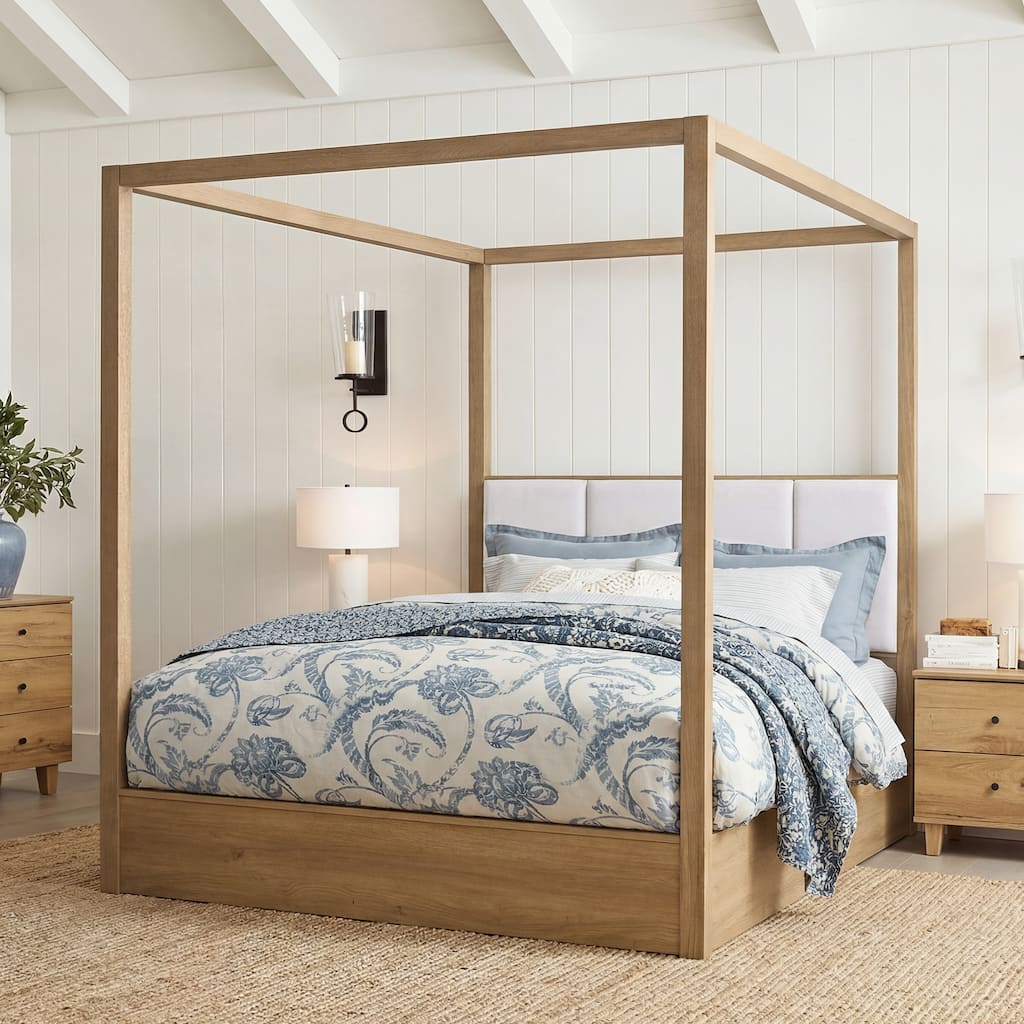 WAMPAT Mid-Century Queen Canopy Bed Frame with Headboard, Solid Wood 4 Poster Bed, No Box Spring Needed for Bedroom