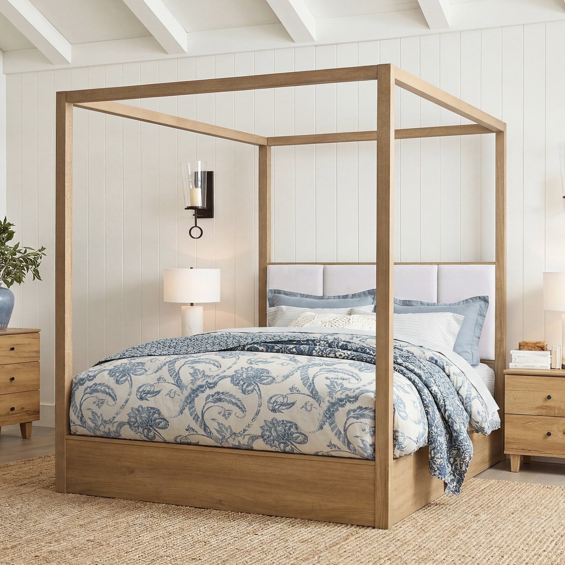 WAMPAT Mid-Century Queen Canopy Bed Frame with Headboard, Solid Wood 4 Poster Bed, No Box Spring Needed for Bedroom