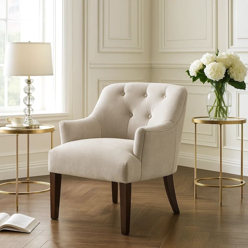 Beca Accent Armchair, Button Tufted Back, Sloped Arms, Beige Polyester