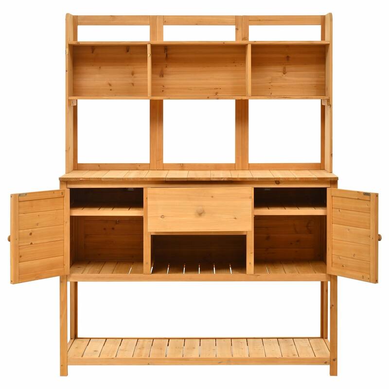 Fir Wood Garden Work Table - Potting Bench with Hutch, Drawer & Adjustable Shelves