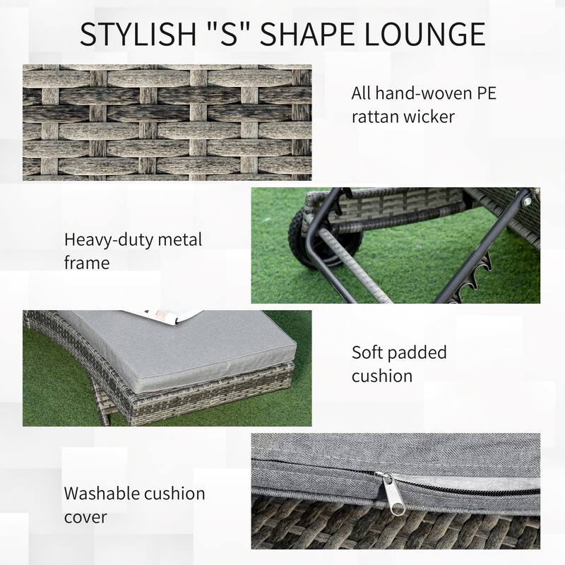 Outsunny Outdoor PE Rattan Patio Chaise Lounge Chair with 5 Backrest Angles & 2 Wheels for Easy Movement, Grey