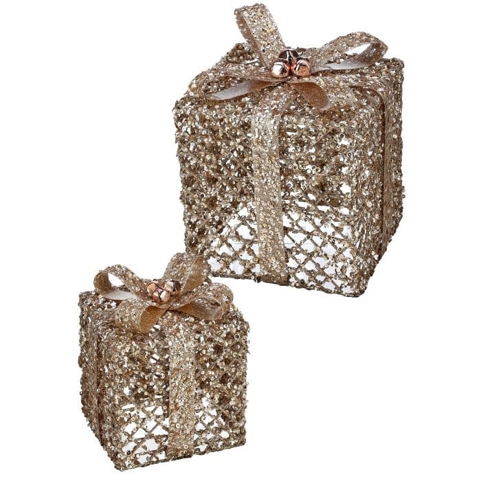 6"-8" Metal Gift Box Glitter W/Bow Set of 2