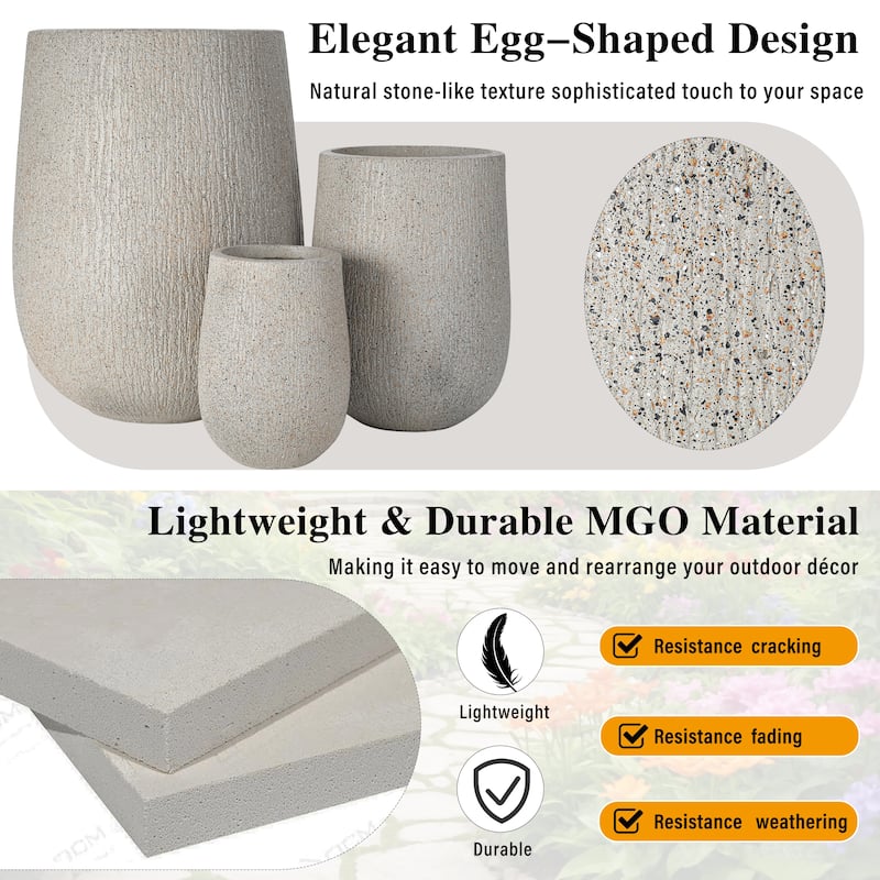Egg-Shaped Lightweight MGO Outdoor Planter Set of 3,Modern Stone-Look Textured Flower Pots with Drainage Holes and Rubber Plug