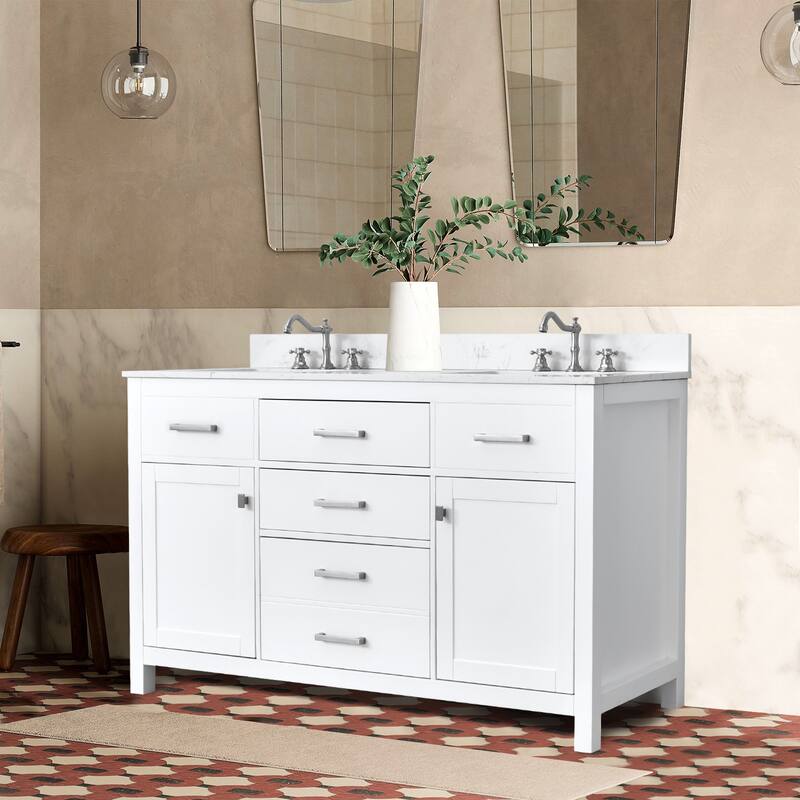 Prismatica Double Sinks Bathroom Vanity 60 in White, Marble Top & Splash