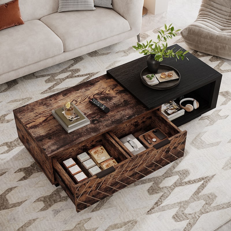 Extendable Coffee Table with 2-drawer and Wood Sliding Tabletop for Living Room