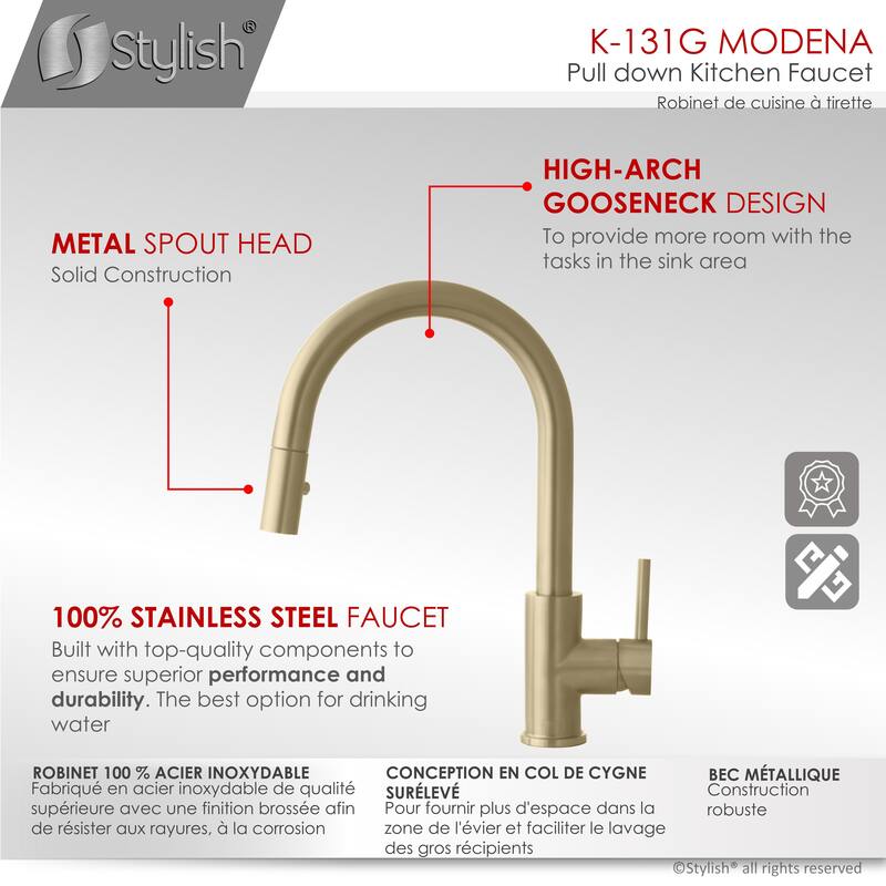 Single Handle Pull Down Kitchen Faucet with Cold Water Tap in Gold
