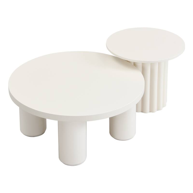 Modern Coffee Table Set Of 2, Round Coffee Table With Cylindrical Leg Design And 1 End Table For Living Room