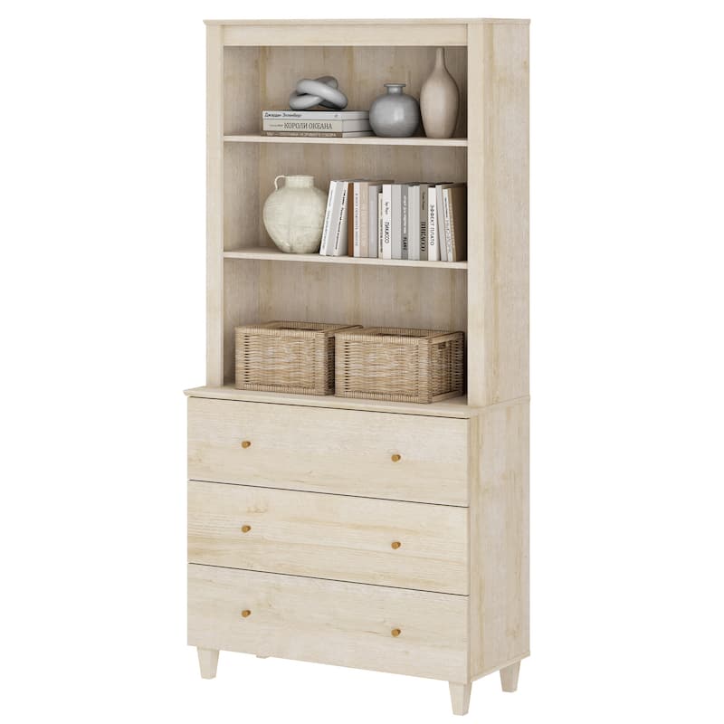 Modern 71" Tall Bookcase with Drawers & Open Shelves for Home Office - 3-Tier - Natural Oak
