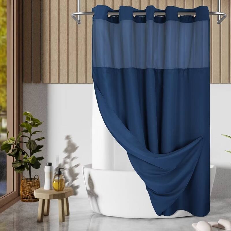 No Hook Slub Linen Texture Shower Curtain with PEVA Snap-in Liner