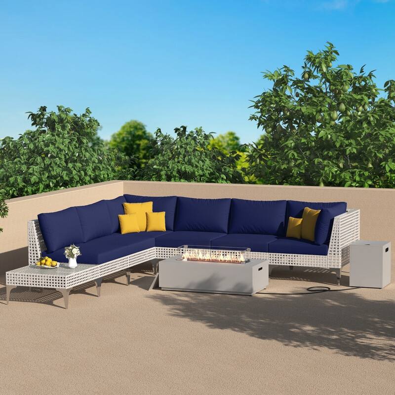 FINCATI Oversized Outdoor Furniture with Rectangular Fire Pit Table, 9-piece Luxurious High-back Patio Wicker Conversation Set - Navy Blue