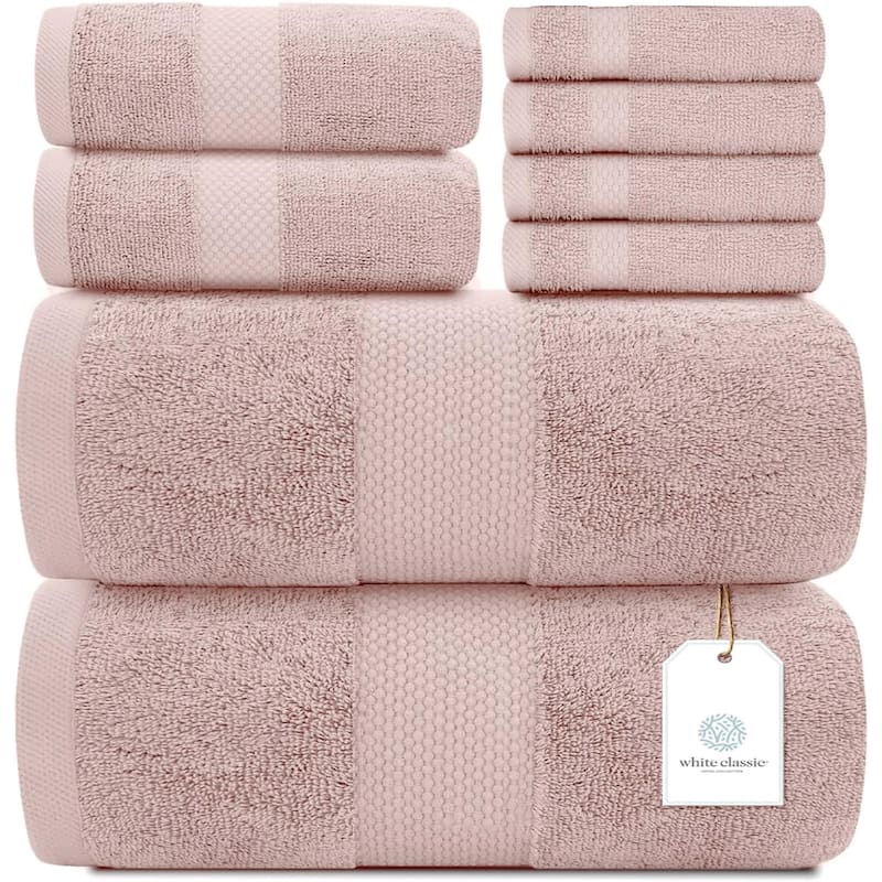 White Classic Luxury Cotton 8Pc Multi Size Towel Set [2 Bath Towels, 2 Hand Towels, 4 Washcloths]