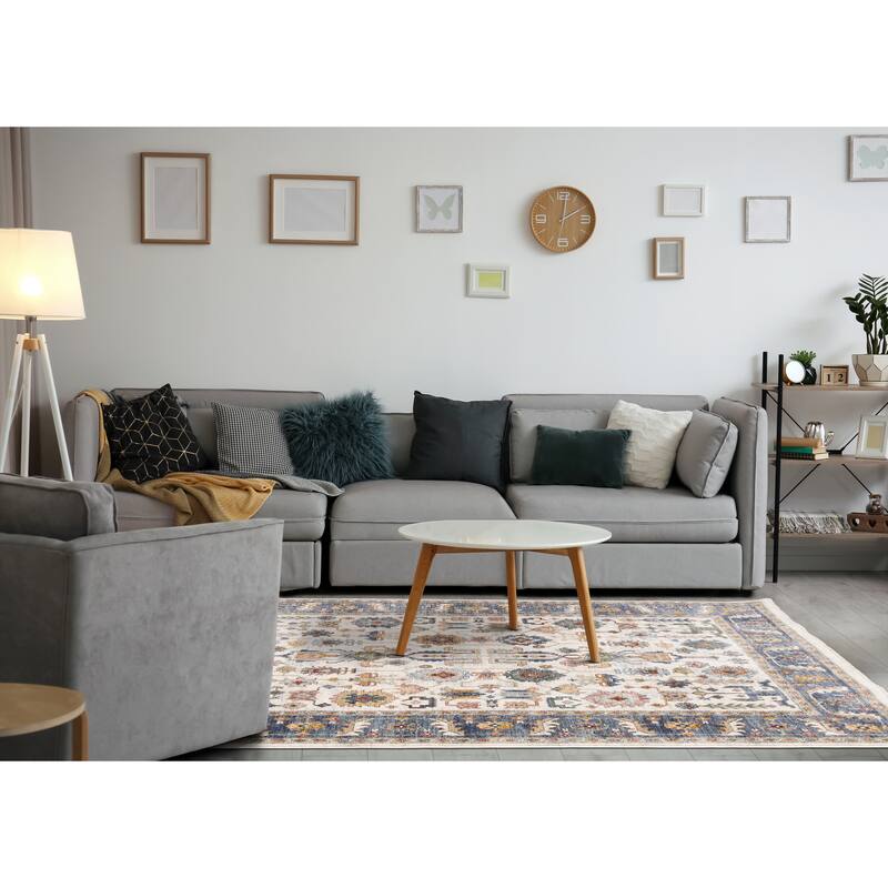Alpine Rug Co. Olivia Cream Gold Teal Modern Classic Border Rug.