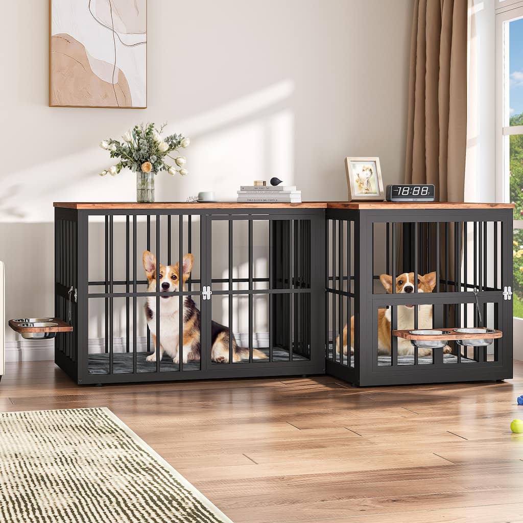 Double Dog Crate Furniture, TV Stand with Removable Divider and Feeding Bowls