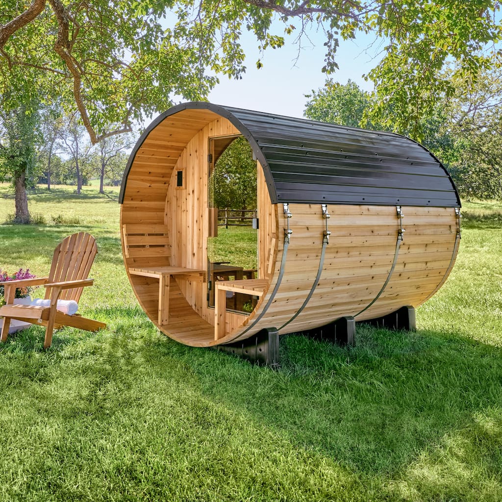 Backyard Discovery Paxton 4-6 Person Outdoor Barrel Sauna, Porch