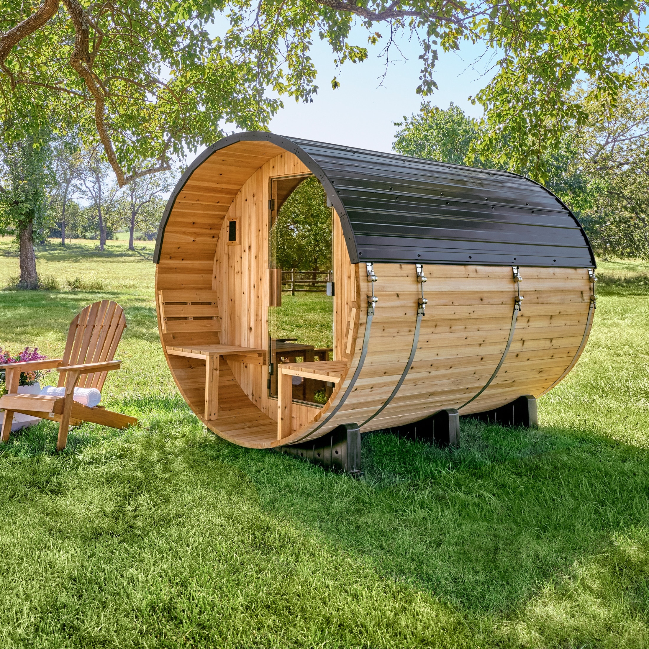 Backyard Discovery Paxton 4-6 Person Outdoor Barrel Sauna, Porch