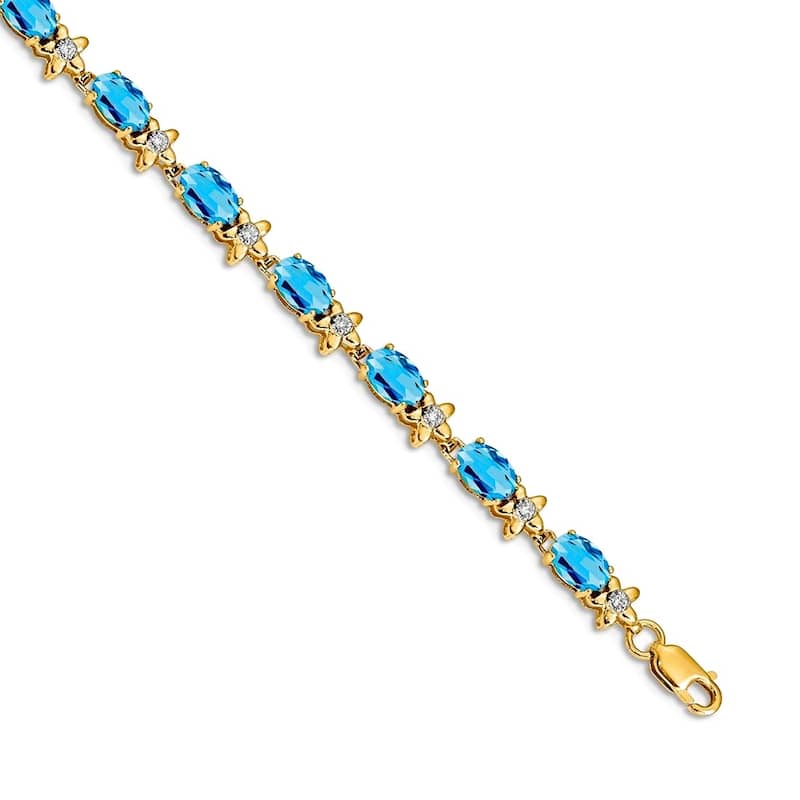 Curata Yellow or White 14k Gold 4.5mm 7" Gemstone and Diamond Flower Bracelet - Blue Topaz - Yellow