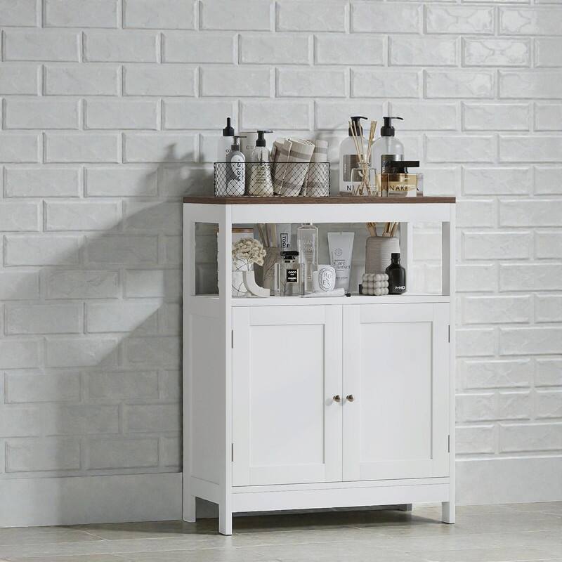 Modern Storage Cabinet with Double Doors, Freestanding Wood Organizer with Open Shelf and Natural Wood Top