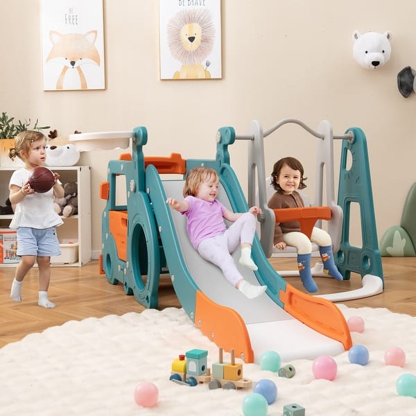 slide 2 of 8, 5-in-1 Kids Slide and Swing Set with Mini Bus and Basketball Hoop - 81 x 59 x 37 inch (L x W x H) Multicolor