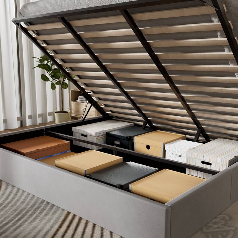 Plywood Frame Upholstered Platform Bed with Lift-up Storage Supported by Metal and Wooden Slats